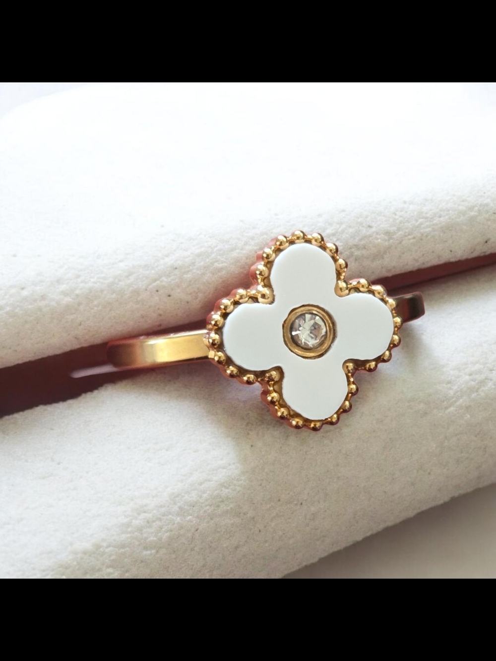 Fashion Jewelry Gold-Tone White Clover Ring with Crystal Center Stainless Steel